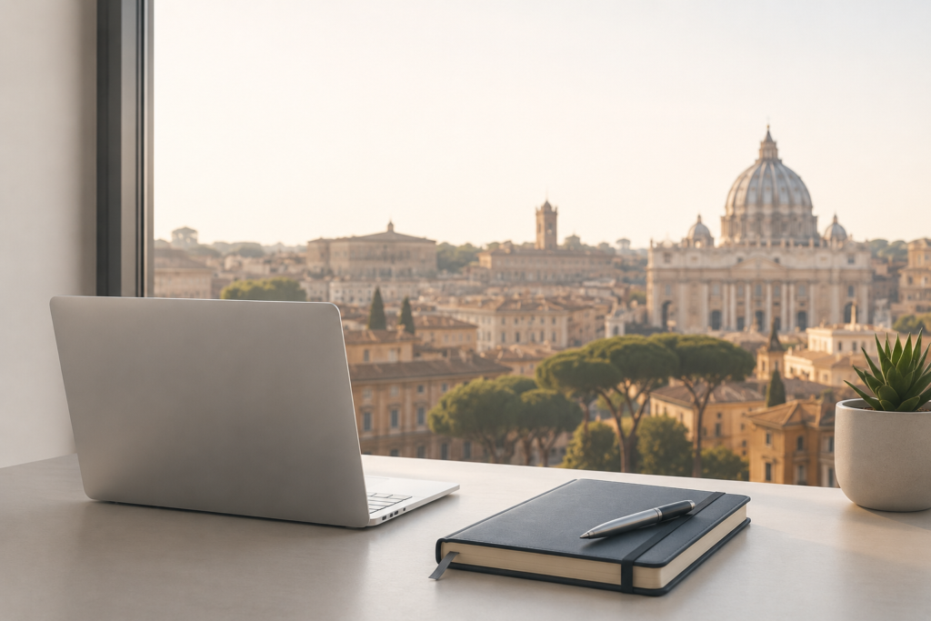 computer e agenda con dietro il panorama su Roma