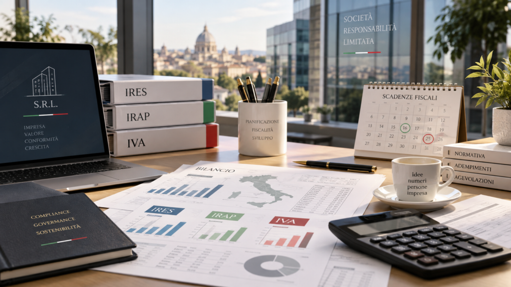 Scrivania da ufficio moderna con laptop, raccoglitori etichettati IRES, IRAP e IVA, documenti di bilancio con grafici, calendario delle scadenze fiscali, calcolatrice e vista su città italiana, a rappresentare la fiscalità di una SRL in Italia.