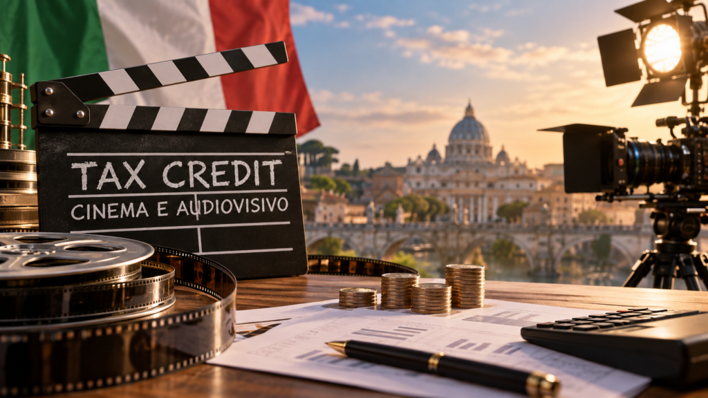 Ciak con scritta 'Tax Credit Cinema e Audiovisivo', pellicola, monete e documenti su un tavolo, con videocamera e skyline di Roma sullo sfondo.