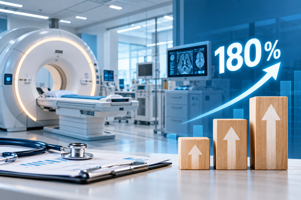 Iperammortamento 2026 per strutture sanitarie con apparecchiatura diagnostica e grafico di crescita degli investimenti.